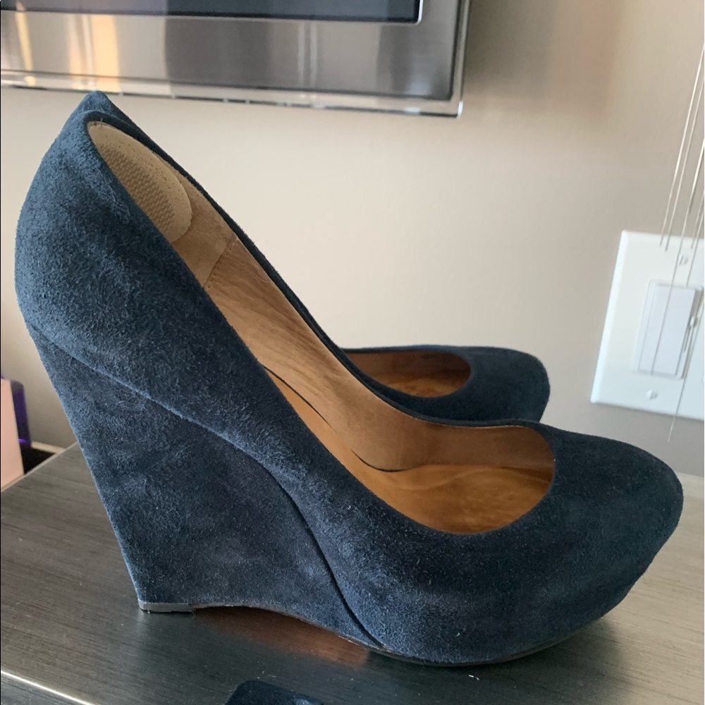 L.A.M.B. Navy Suede Wedge Pump